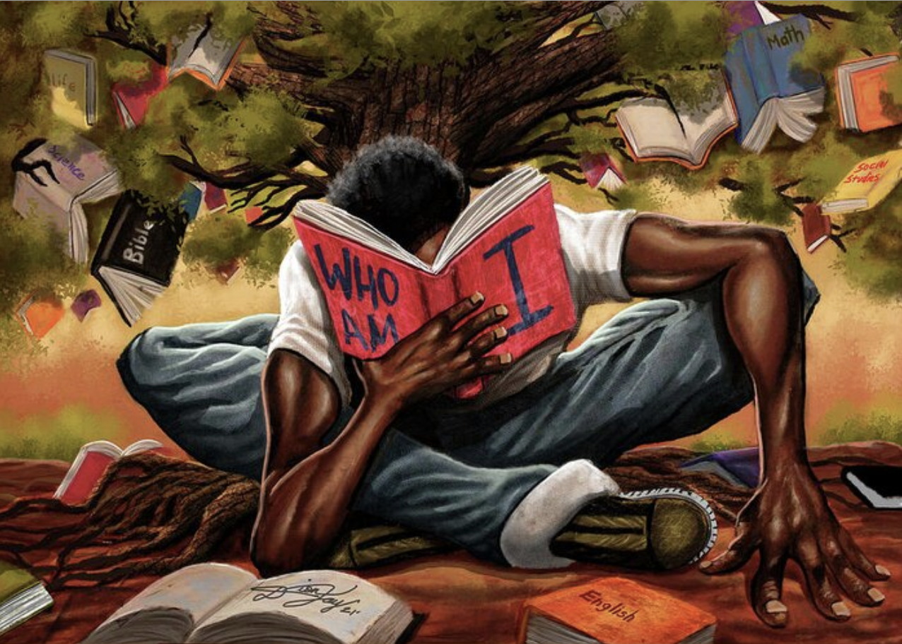 A young Black man seated beneath a tree, holding an open book that reads 'Who Am I?' — surrounded by books from every discipline